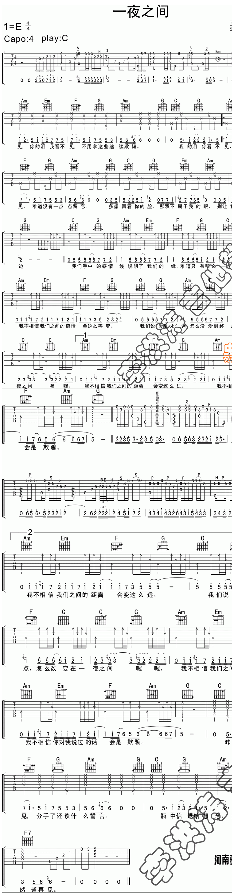 王志心《一夜之间》吉他谱C调六线谱(图)1