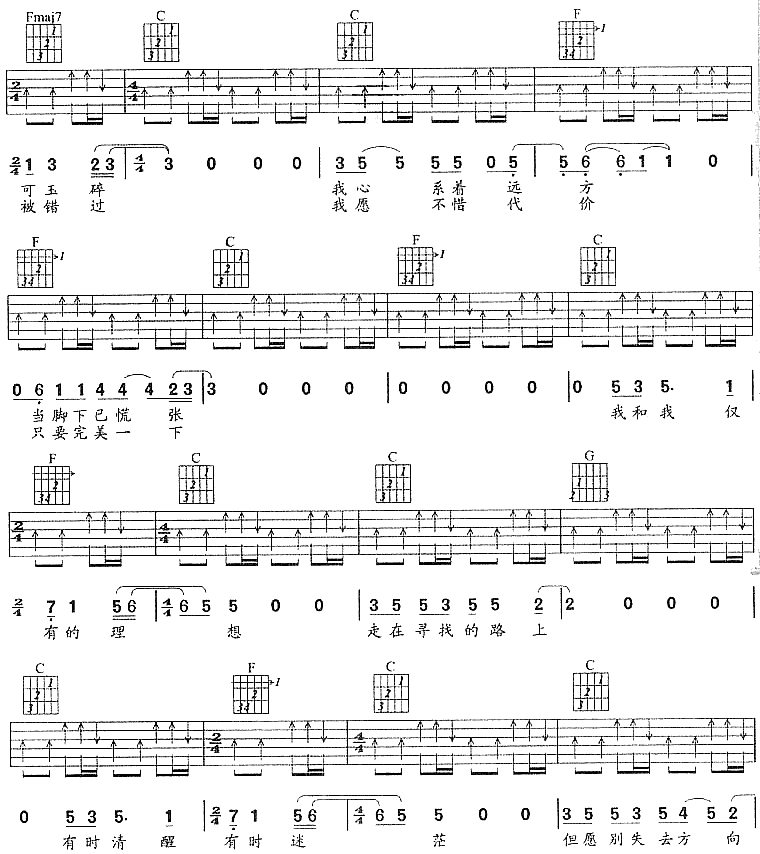 郑钧《三分之一理想》吉他谱C调六线谱(图)1