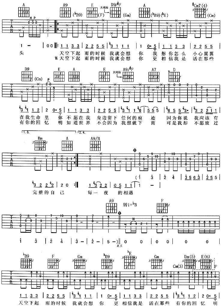 阿《下雨的时候会想你》吉他谱A调六线谱(图)1