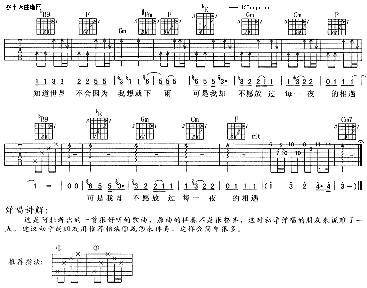 阿《下雨的时候会想你》吉他谱A调六线谱(图)1