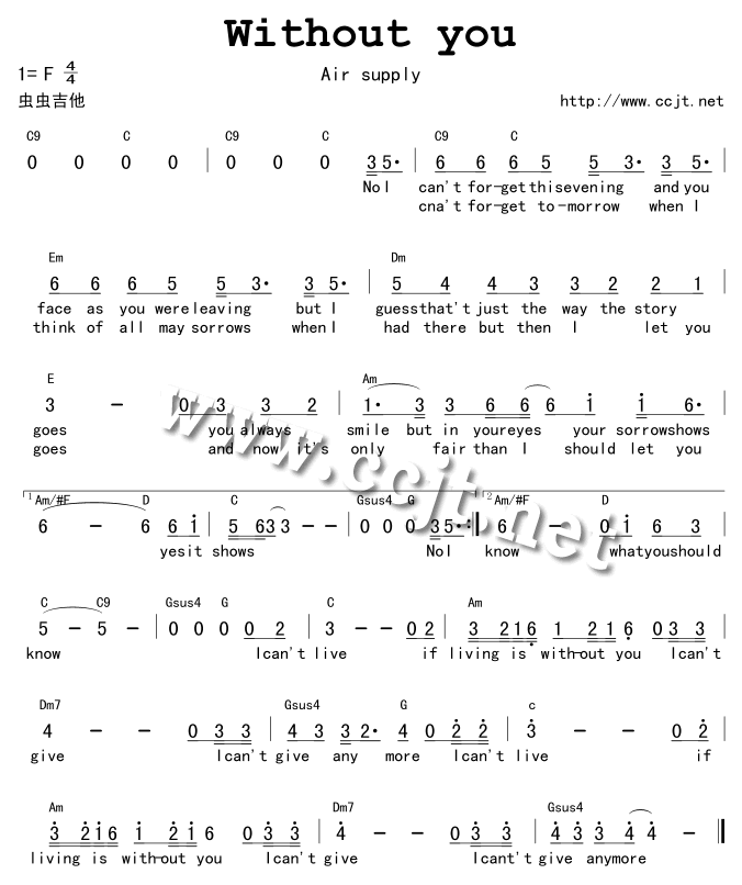 欧美经典《Withoutyou》吉他谱C调和弦谱(txt)1