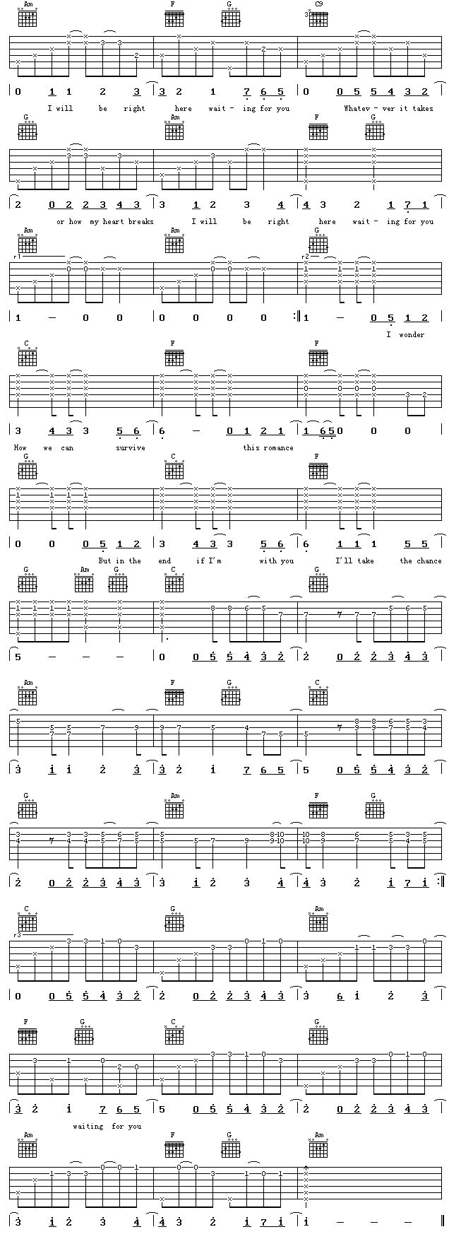 欧美经典《RightHereWaitForYou》吉他谱C调六线谱(图)1