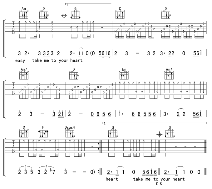 欧美经典《Takemetoyourheart》吉他谱C调六线谱(图)1