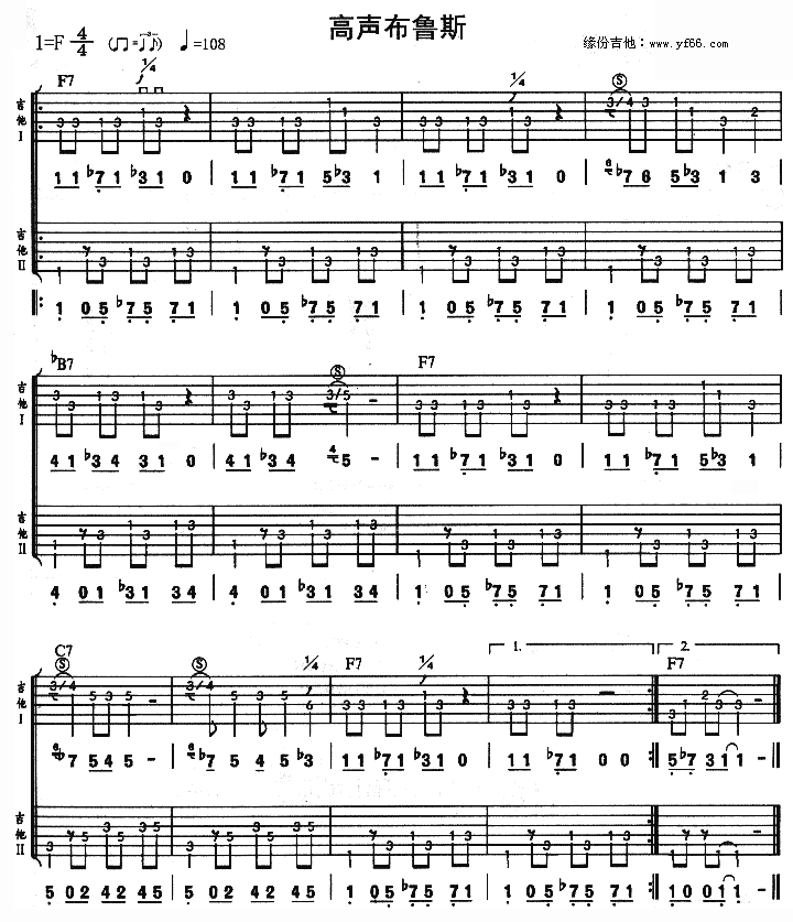 走失的小马《高声布鲁斯》吉他谱F调六线谱(图)1