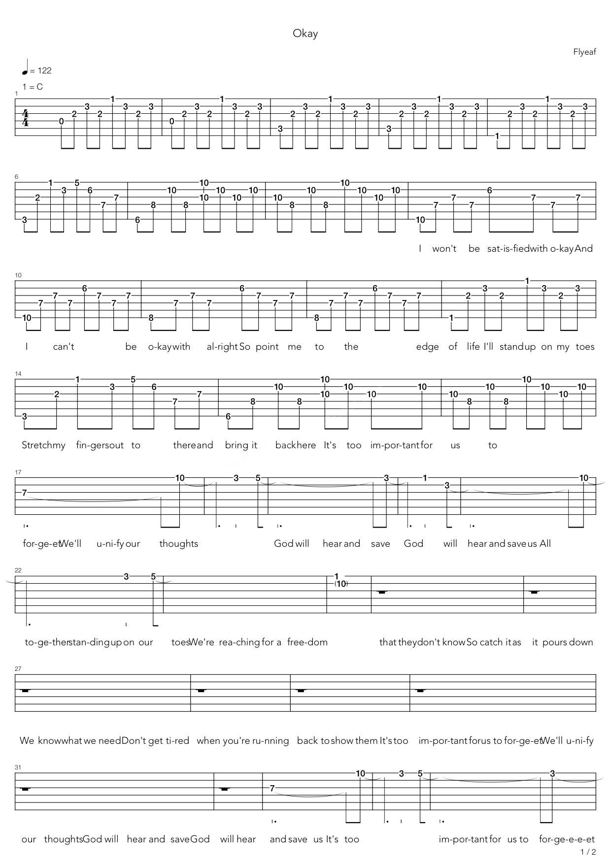 Flyleaf《Okay》吉他谱C调六线谱(图)1