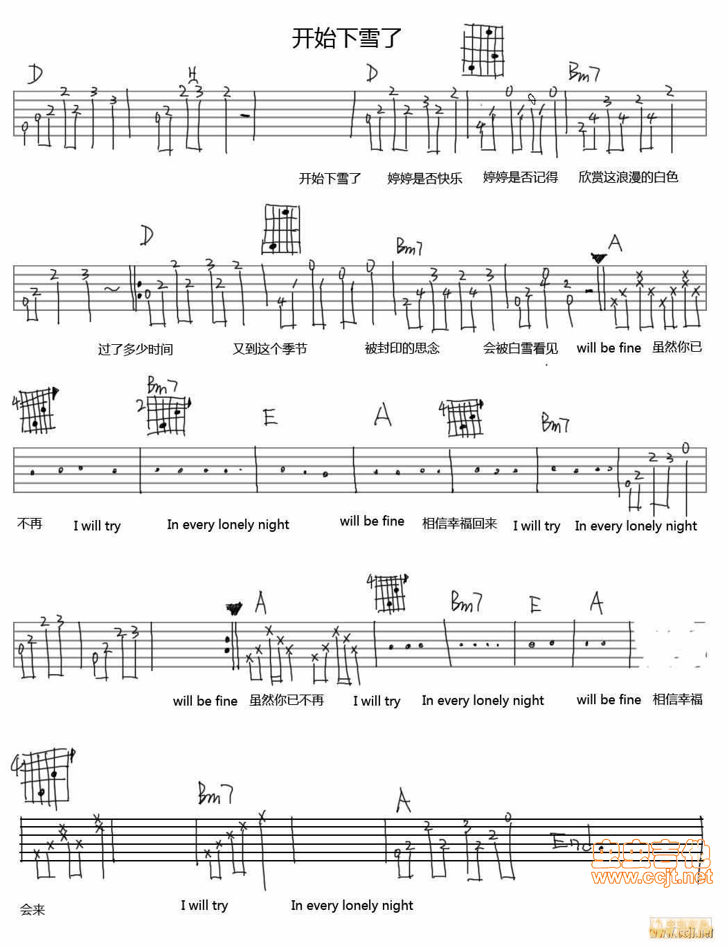 代芮《开始下雪了》吉他谱C调六线谱(图)1