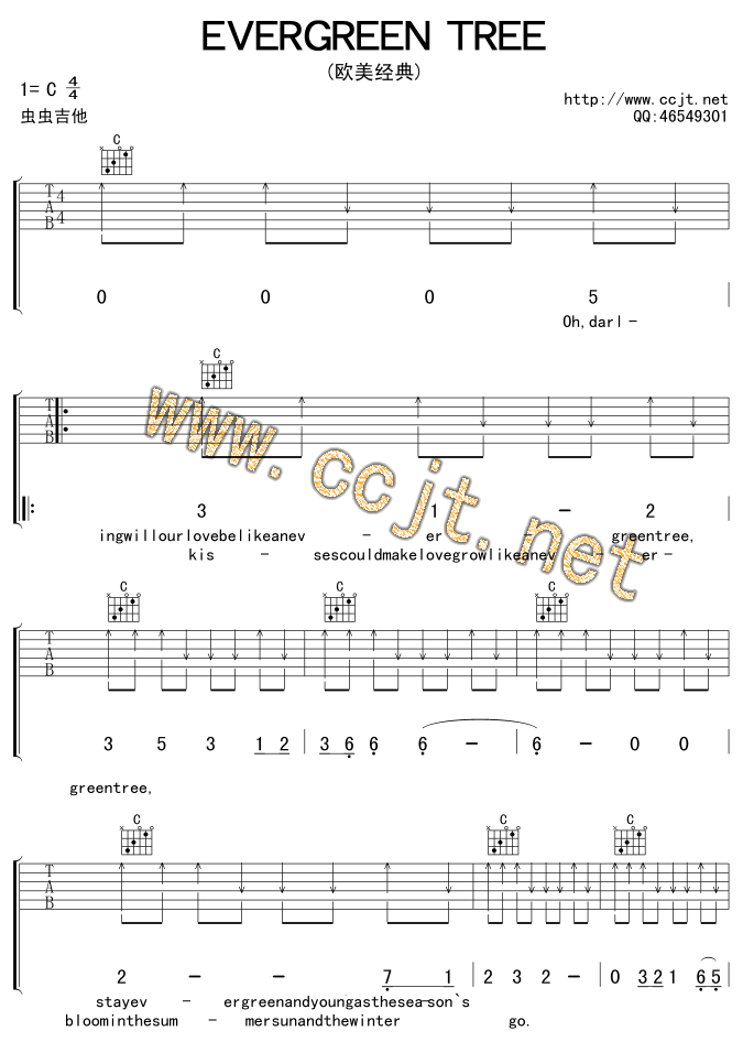 欧美经典《evergreentree》吉他谱C调六线谱(图)1