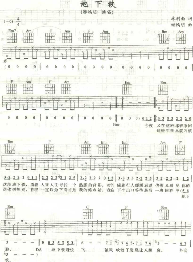 游鸿明《底下铁》吉他谱C调六线谱(图)1