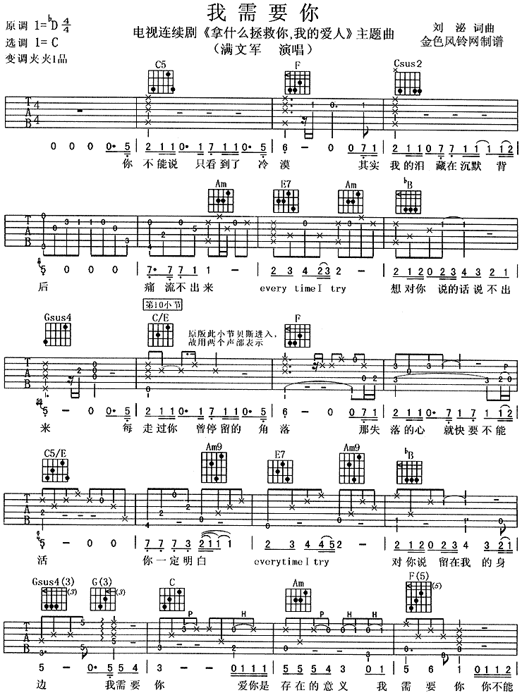 满文军《我需要你》吉他谱C调六线谱(图)1