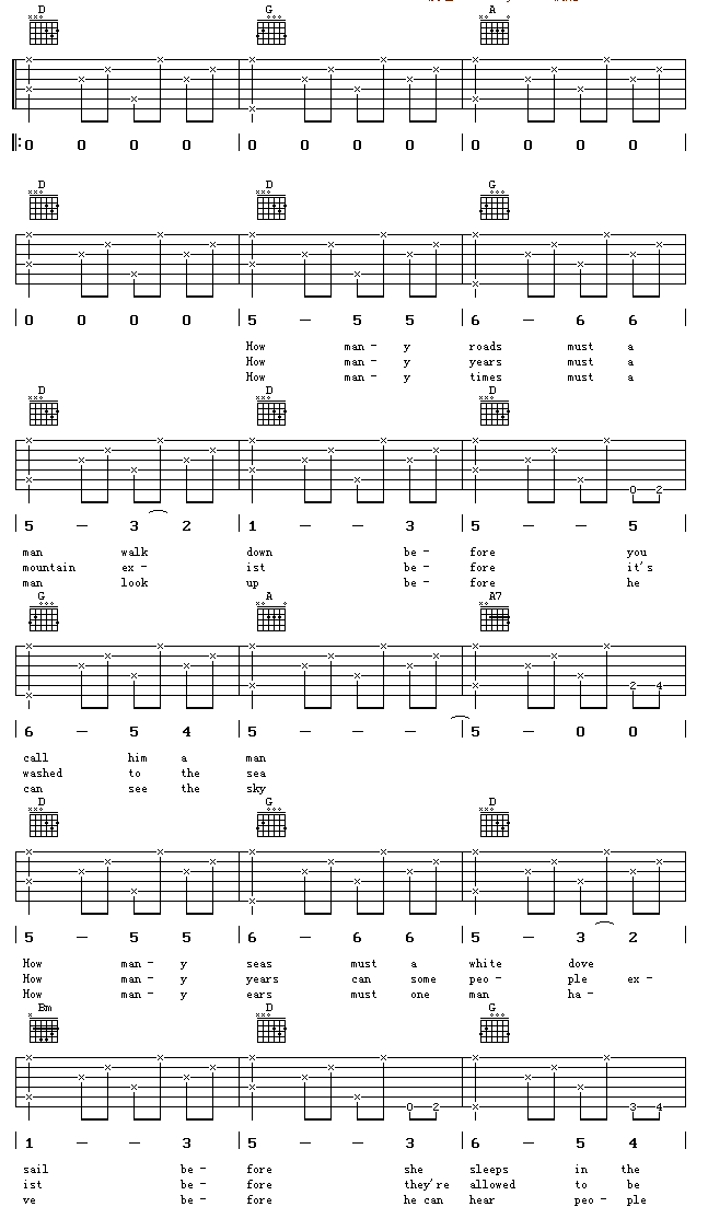 欧美经典《BlowingInTheWind》吉他谱C调六线谱(图)1