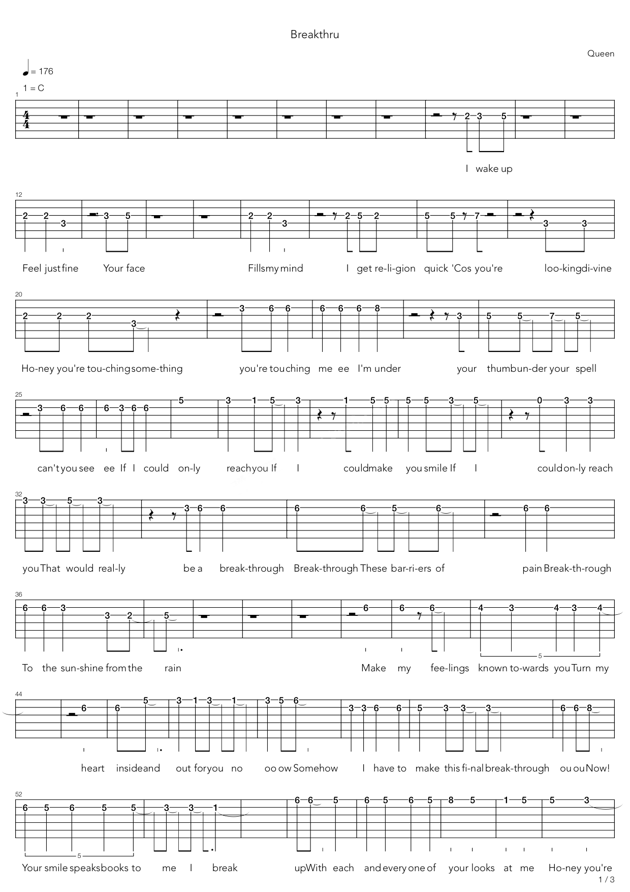 皇后乐团《Breakthru》吉他谱C调六线谱(图)1