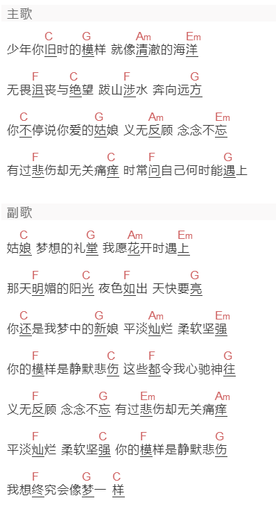 张傲寒《他她》吉他谱C调和弦谱(txt)1