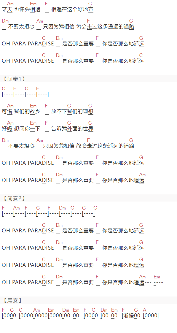 BEYOND《PARADISE》吉他谱C调和弦谱(txt)1