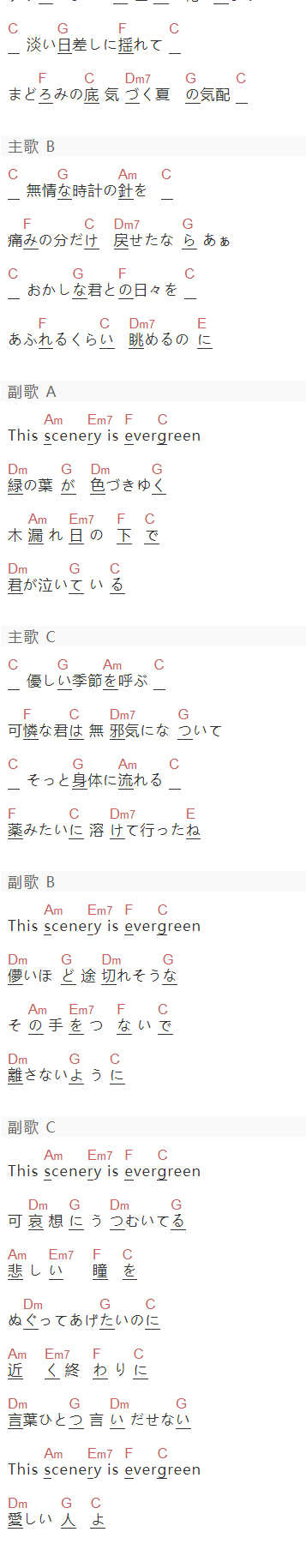 hyde《Evergreen》吉他谱C调和弦谱(txt)1