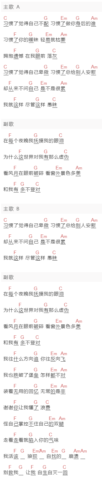 陈雪凝《愚昧》吉他谱C调和弦谱(txt)1