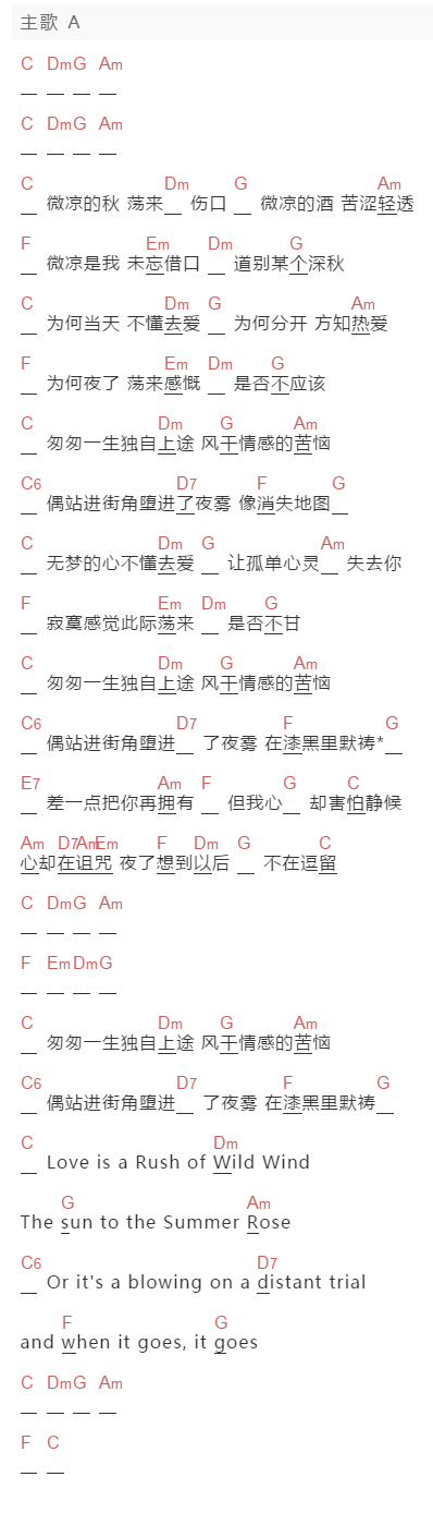 林忆莲《微凉》吉他谱C调和弦谱(txt)1