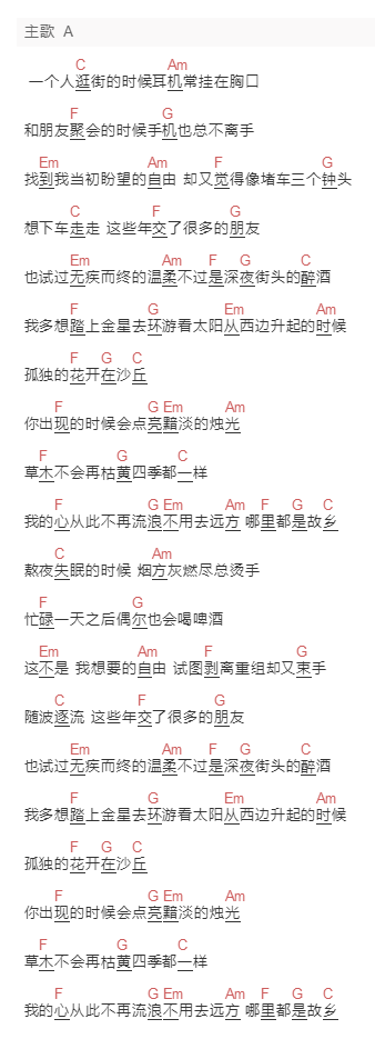 万能《希冀》吉他谱C调和弦谱(txt)1