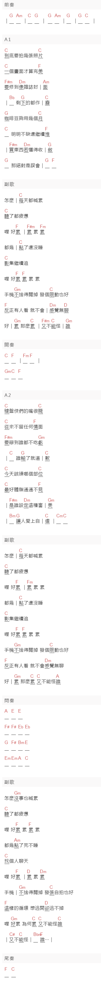 黃偉晉《好累》吉他谱C调和弦谱(txt)1