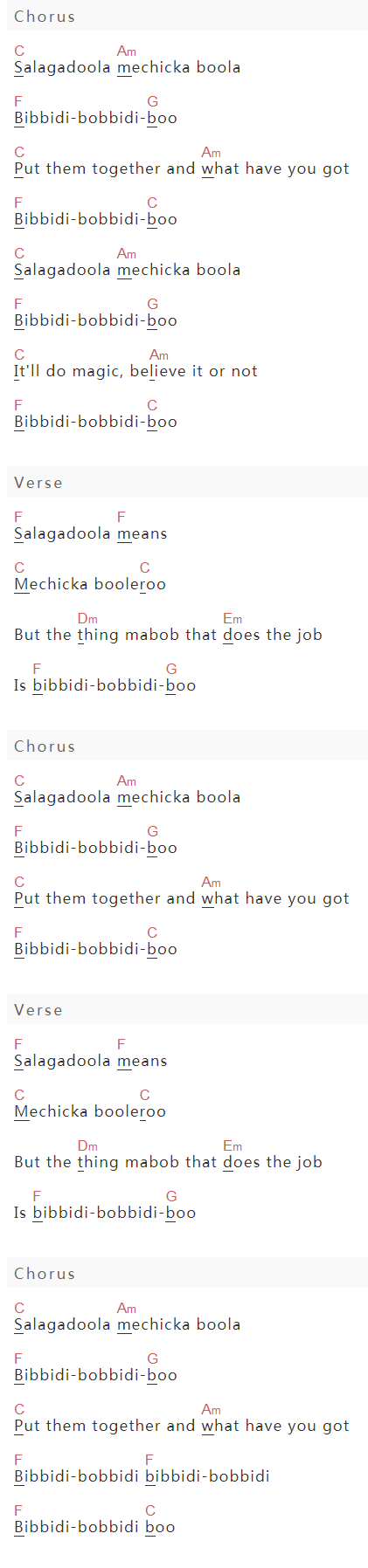 手嶌葵《Bibbidi Bobbidi Boo》吉他谱C调和弦谱(txt)1