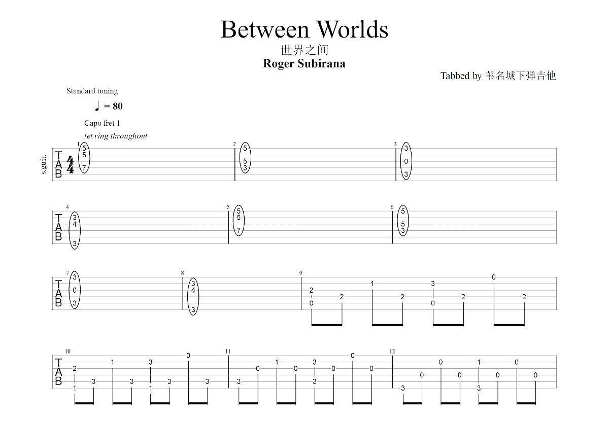  Roger Subirana《Between Worlds》吉他谱C调六线谱(图)1