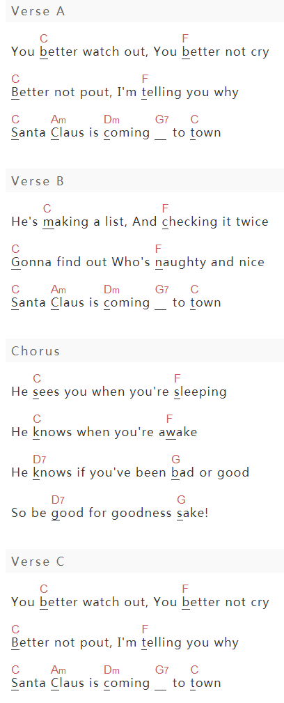 Christmas Songs《Santa Claus Is Coming To Town》吉他谱C调和弦谱(txt)1