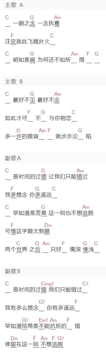 胡歌,阿兰《一念执着》吉他谱C调和弦谱(txt)1