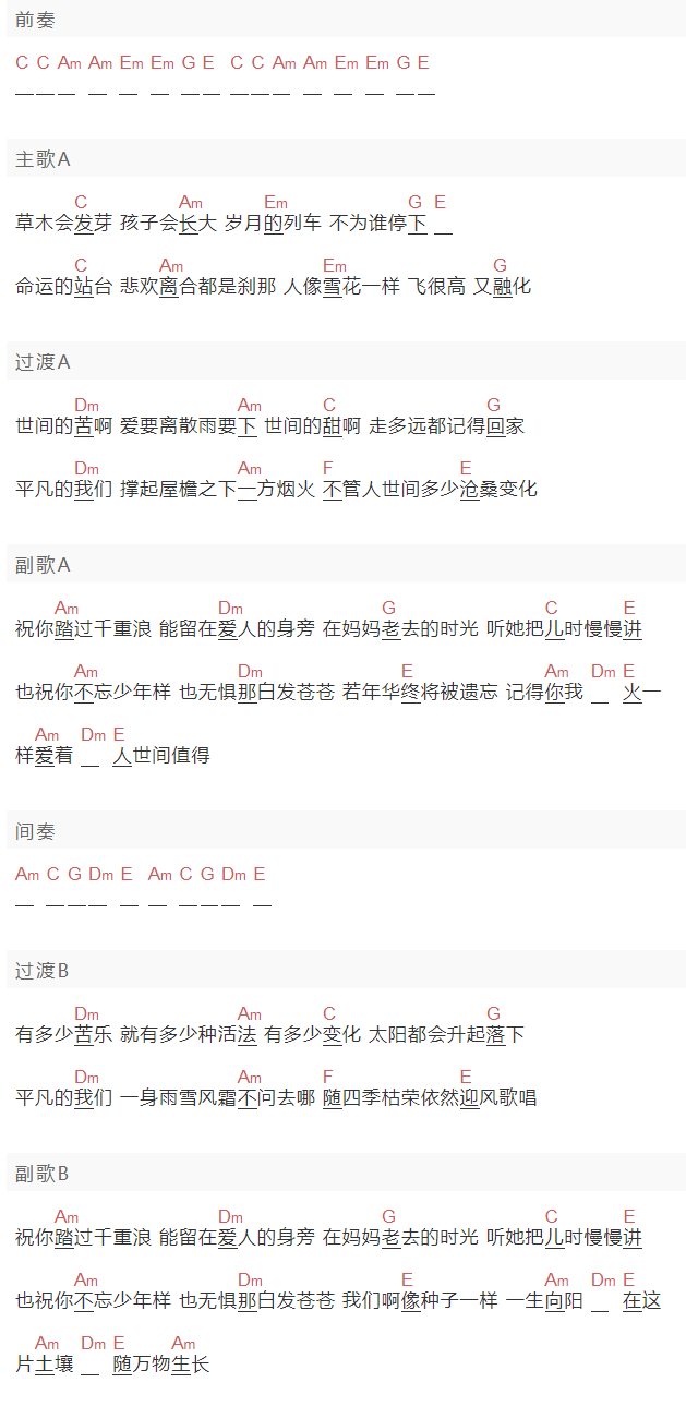 雷佳《人间世》吉他谱C调和弦谱(txt)1