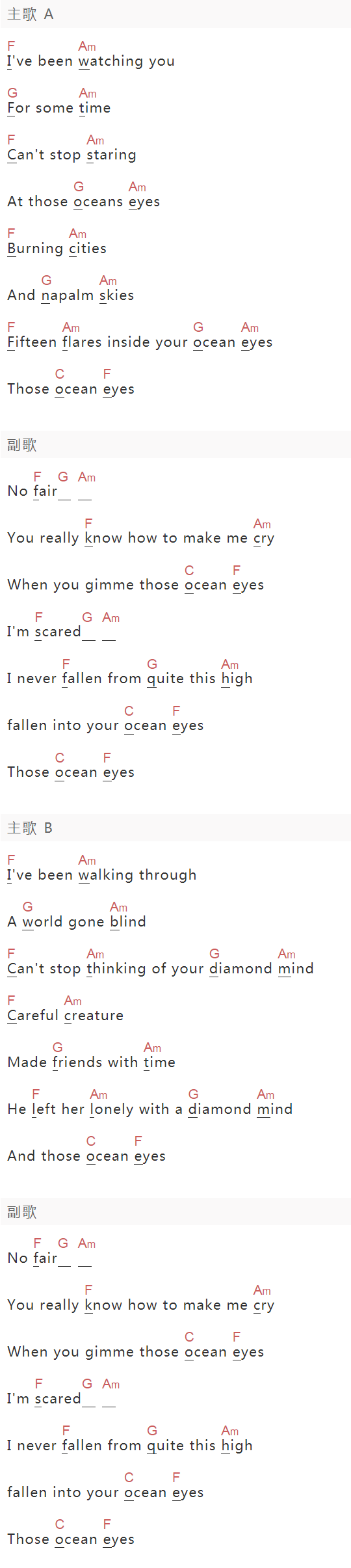 《Ocean Eyes》吉他谱C调和弦谱(txt)1