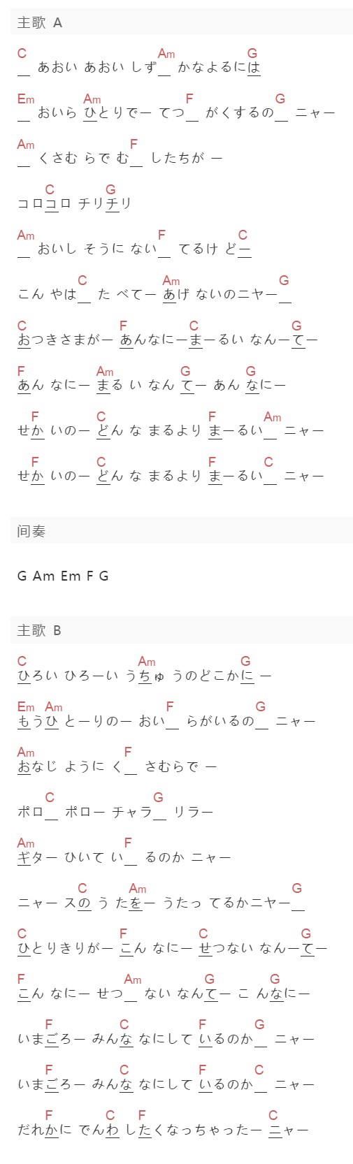 犬山犬子(犬山イヌコ)《喵喵之歌》吉他谱C调和弦谱(txt)1