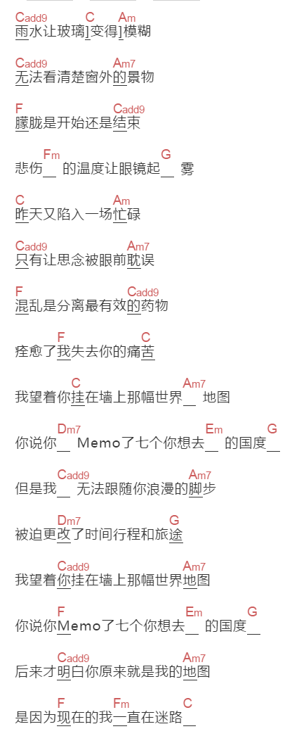 黄淑惠《地图》吉他谱C调和弦谱(txt)1