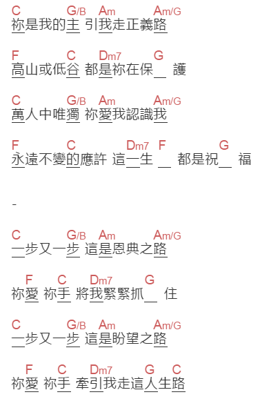 赞美之泉《恩典之路》吉他谱C调和弦谱(txt)1