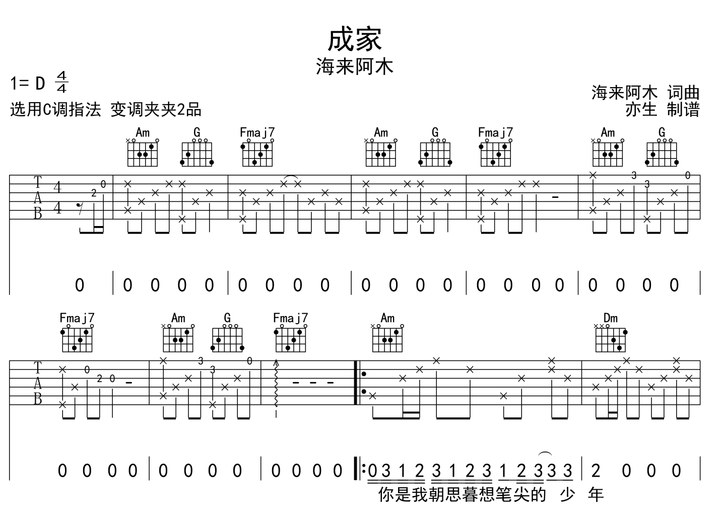 海来阿木《成家》吉他谱C调六线谱(图)1