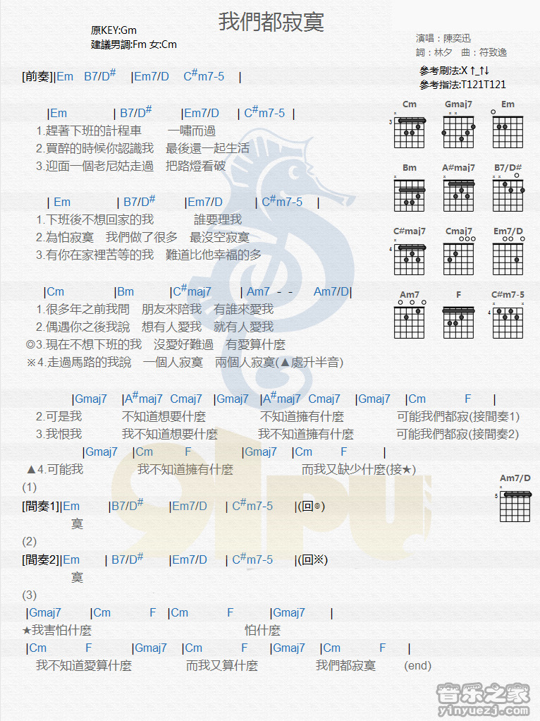 陈奕迅《我们都寂寞》吉他谱C调和弦谱(txt)1