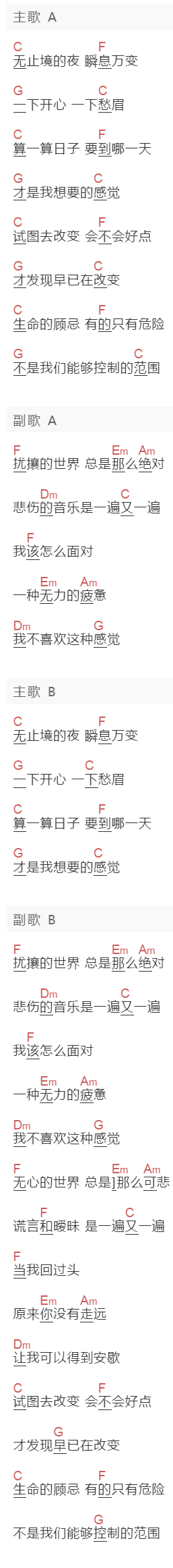 张震岳《我想要的感觉》吉他谱C调和弦谱(txt)1