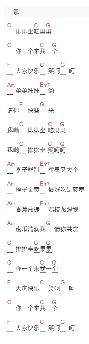 经典粤童谣《排排坐》吉他谱C调和弦谱(txt)1