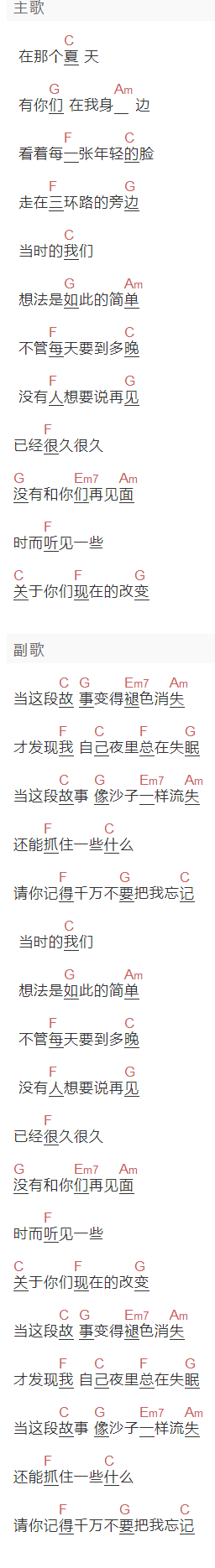 隔壁团《不要把我忘记》吉他谱C调和弦谱(txt)1