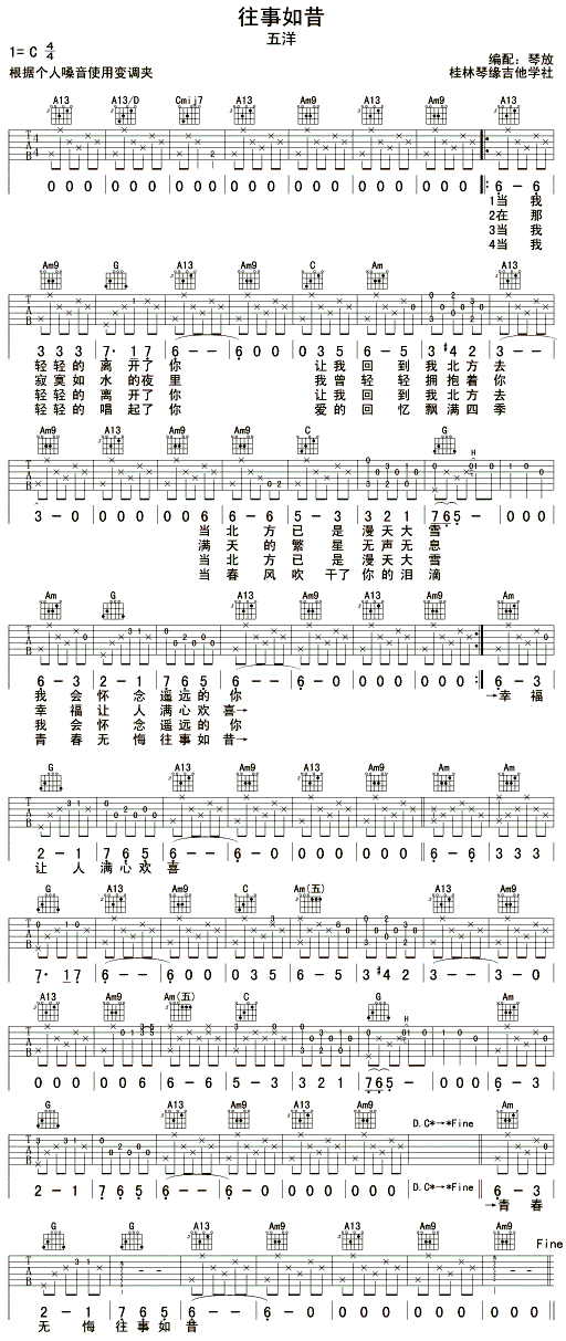 《往事如昔》吉他谱C调六线谱(图)1
